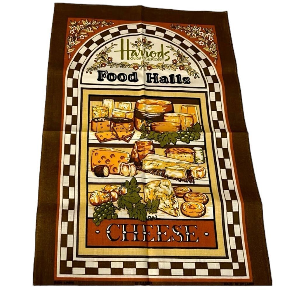 Vintage Harrods food Halls 1960s cheese tea towel Size 18 1/2” x 30”